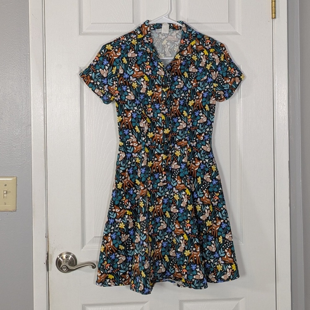 Retro Eva‎ Rose Woodland Print Fit & Flare Shirt Dress Size Small -Bambi Theme